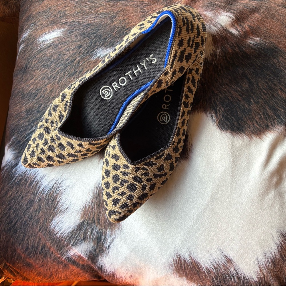 EUC Rothy's Tan and Black Leopard Flats with Blue Trim